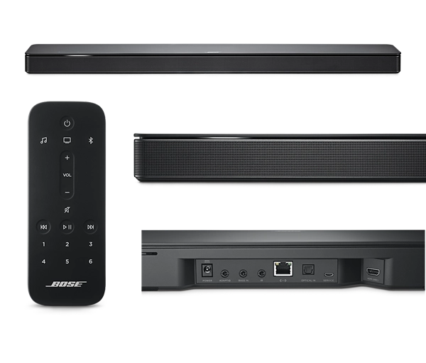 Bose Soundbar 500, remote, inputs and close up of the build quality  